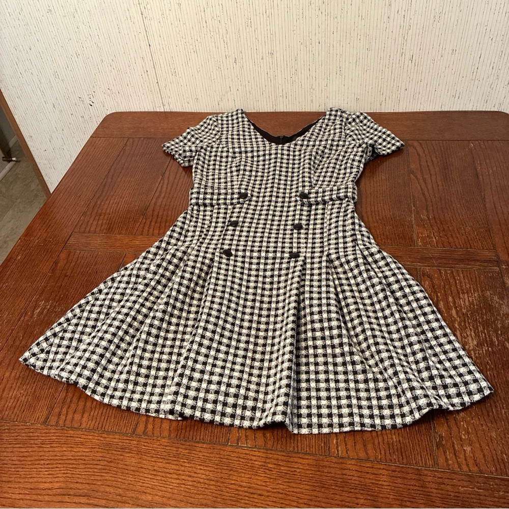 DKNY Gingham Short-Sleeve Fit & Flare Dress Women's 4 Black/White Back Zip